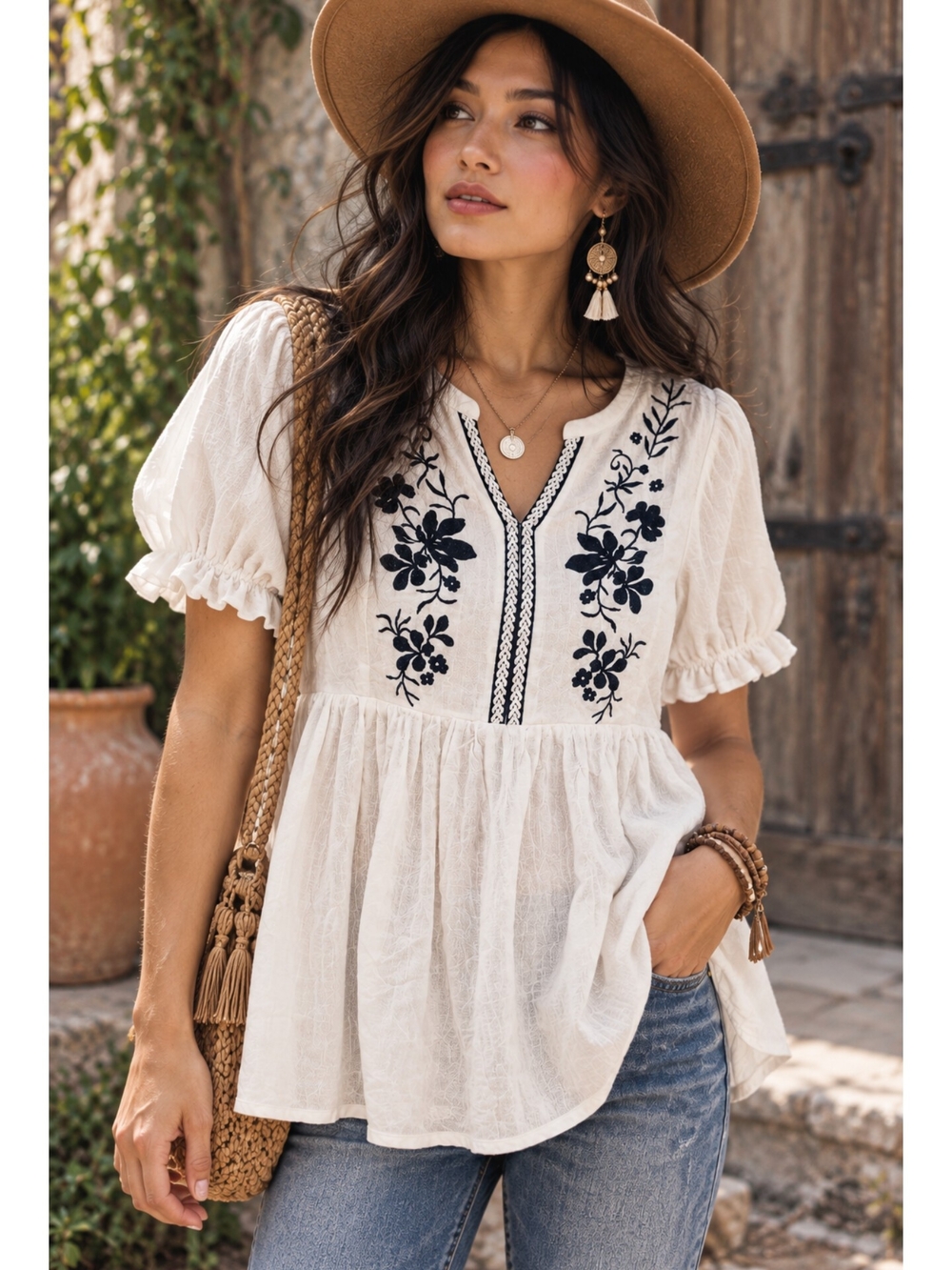 BloomChic Cream Blouse with Navy Floral Embroidery